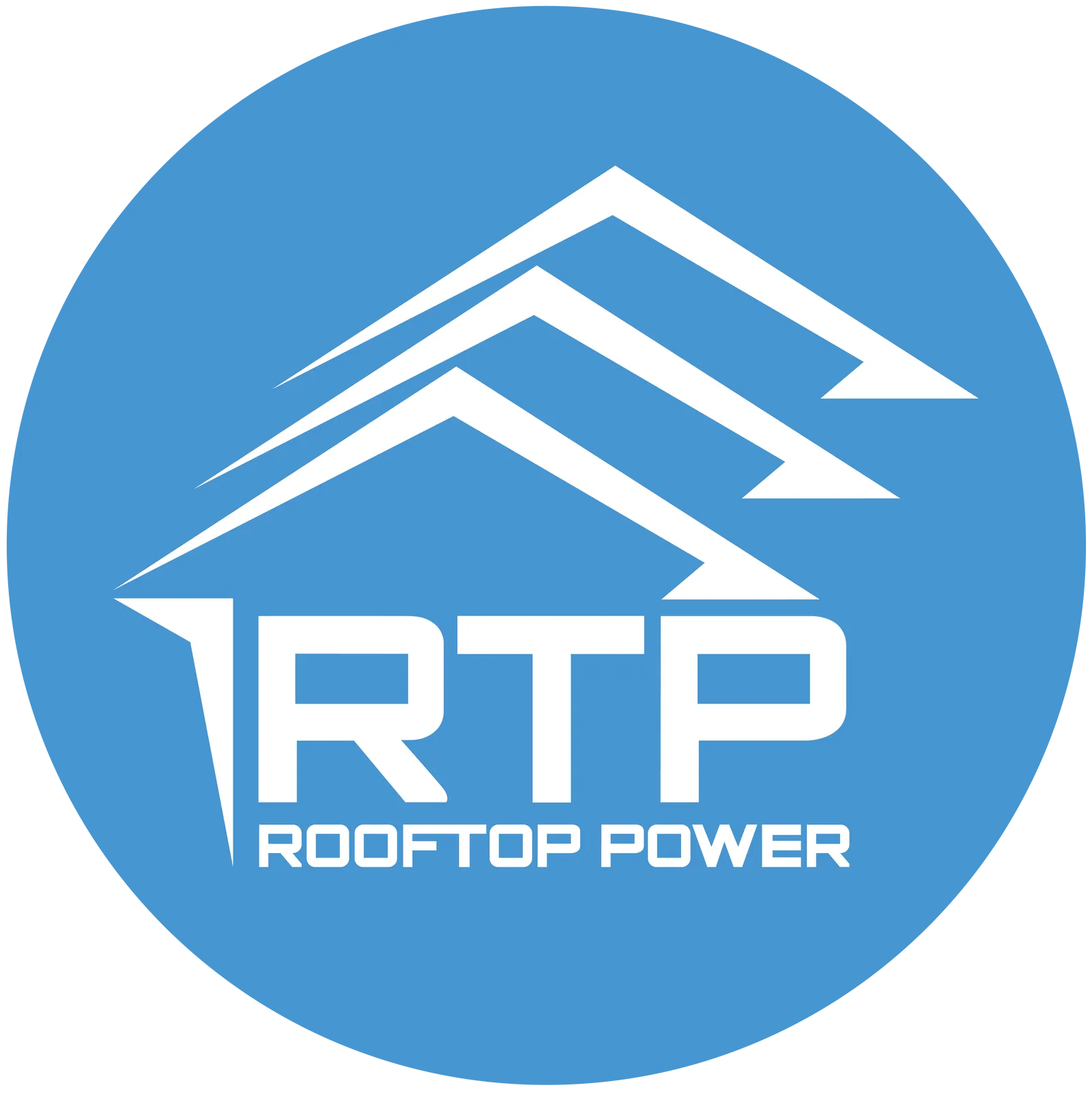 Rooftop Power logo, blue circle with house and arrow