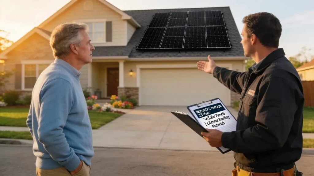 Homeowner and contractor discussing roof and solar warranties