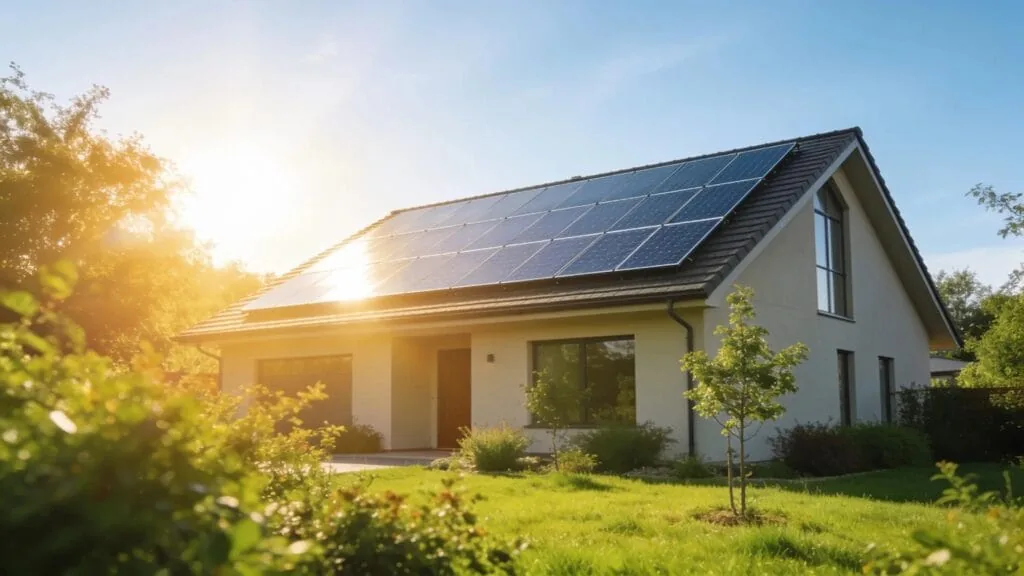 Modern home with solar panels on the roof in bright sunlight
