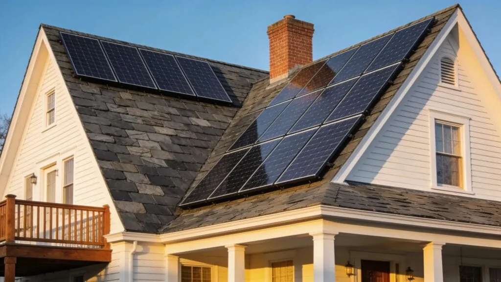 House with solar panels on a well-built roof