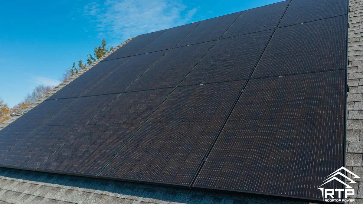 Close-up of all-black solar panels with fall foliage behind